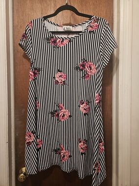 TMG Black & White Striped Dress with Pink Floral Print